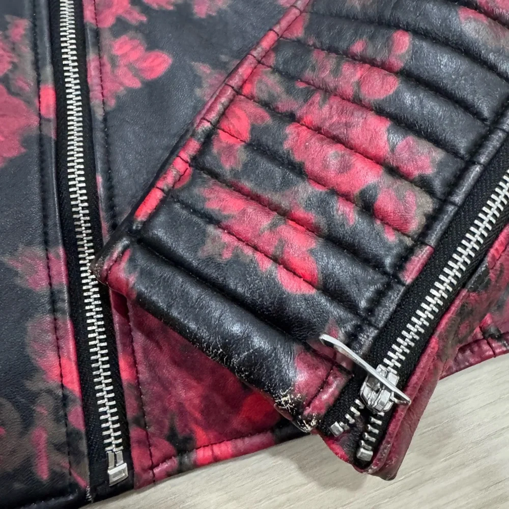 Lord & Taylor 424 Fifth Red Rose Black Leather Moto Biker Jacket - Picture 5 of 10